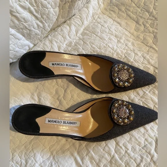 MANOLO BLAHNIK Dark Gray Pointed-Toe Coin Mules size 37.5 - Picture 4 of 14